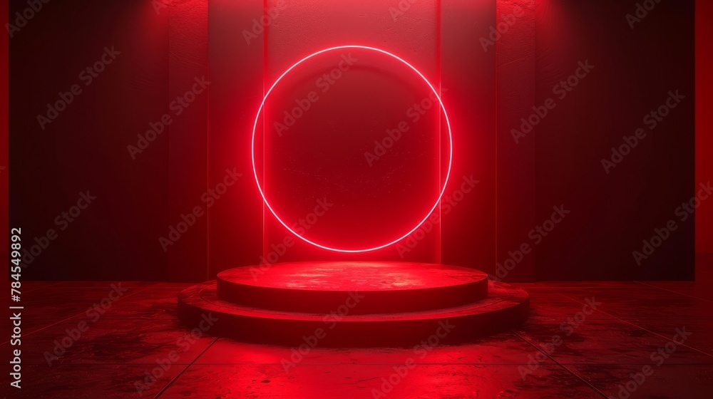 Aufkleber product display in red neon light shape with circles of light behind it. futuristic and technologica