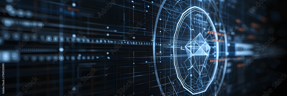 Poster wireframe of cybersecurity shield: data protection and privacy. concept cybersecurity, data protecti