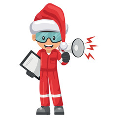 Industrial mechanic worker with Santa Claus hat making an announcement with a megaphone with notepad. Merry christmas.  Industrial safety and occupational health at work