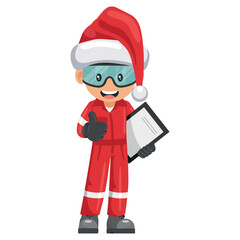 Industrial mechanic worker with Santa Claus hat with notepad for project evaluation with thumb up. Supervisor engineer. Merry christmas. Industrial safety and occupational health at work