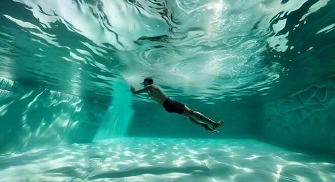 underwater photography of an olympic pool, submerged under the water of the pool