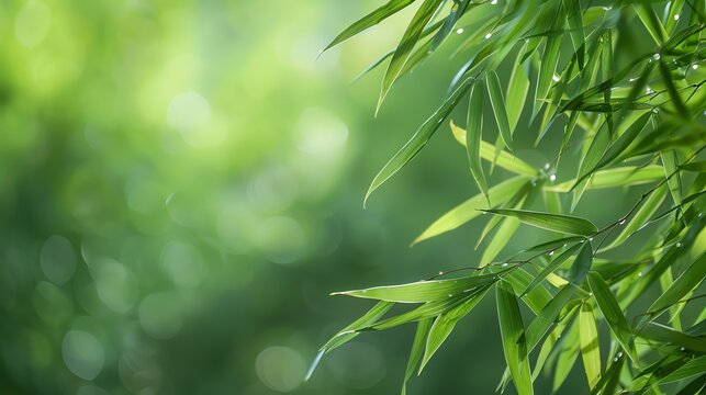 A closeup of transparent bamboo Leaf with light, green, dews,edges, against a clean blury green garden background
