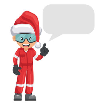 Industrial mechanic worker with Santa Claus hat with dialog box vignette with copy space for text for advertising, brochures. Merry christmas. Industrial safety and occupational health at work