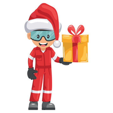 Industrial mechanic worker with Santa Claus hat with his personal protective equipment with gift box. Merry christmas. Safety first. Industrial safety and occupational health at work
