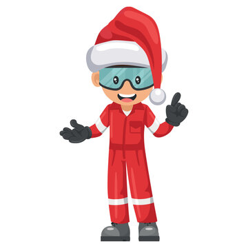 Industrial mechanical worker with Santa Claus hat pointing his finger. Merry christmas. Express an idea and indicate with the index finger. Industrial safety and occupational health at work