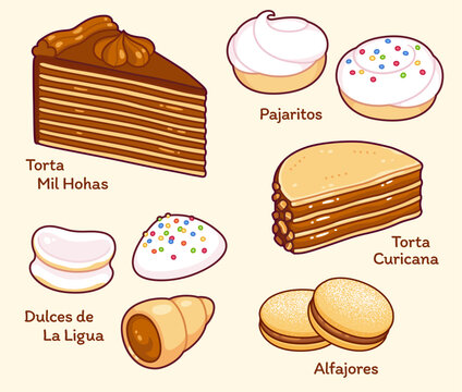 Traditional Chilean desserts cartoon drawing set