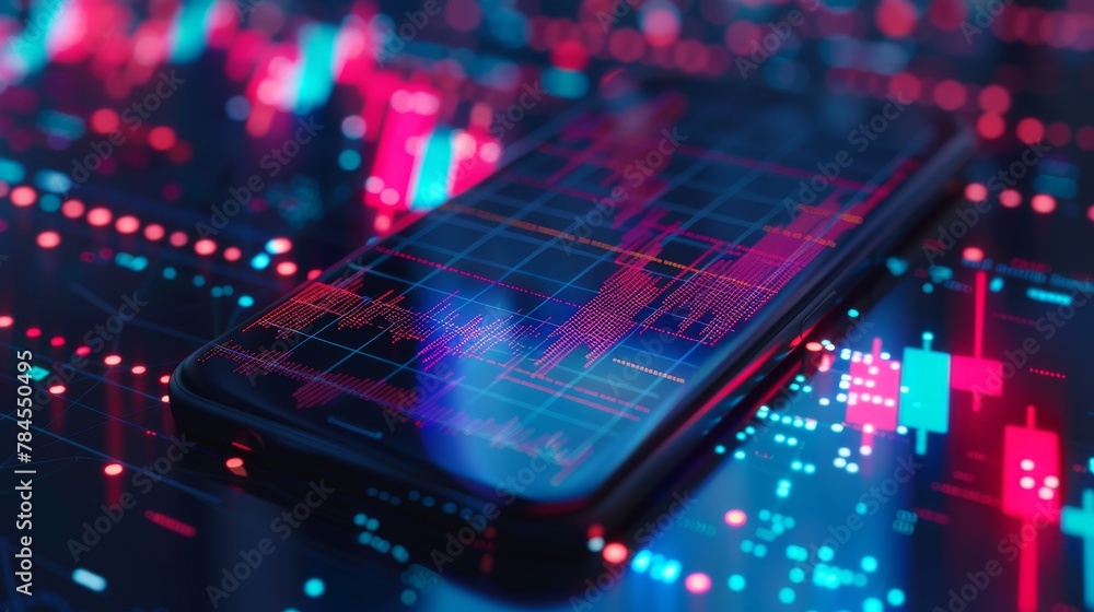 Aufkleber Three-dimensional rendering of a cellular phone on a blue background with an attractive forex chart on top. A trade, finance, technology, and communication concept is explored.