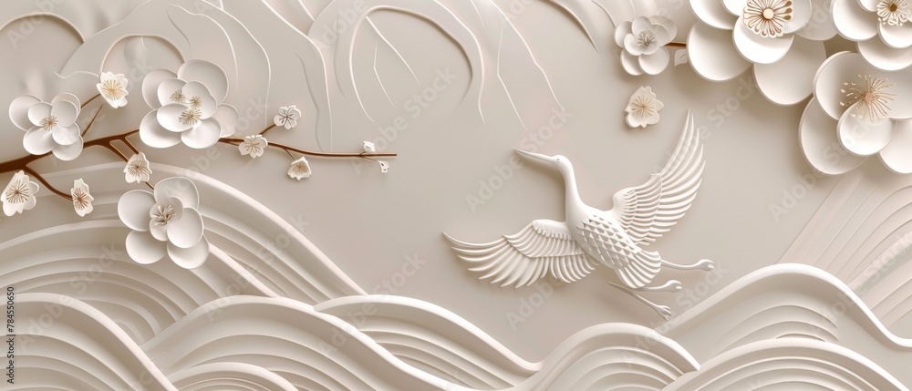 Aufkleber background with handdrawn waves and crane birds in japanese style. abstract art template with hand d
