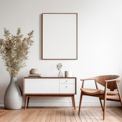 Mockup frame in a Scandinavian interior on a background of a white wall and dresser