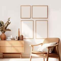 Mockup of four frames in a Scandinavian interior on a background of a white wall and dresser