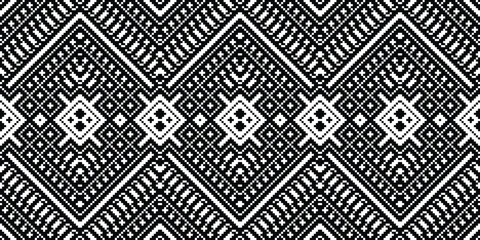 Pixel Seamless Pattern Embroidery Background. Pixel Damask Geometric Ethnic Oriental Pattern traditional.aztec Style Abstract Vector design for Texture,fabric,clothing,wrapping,sarong.