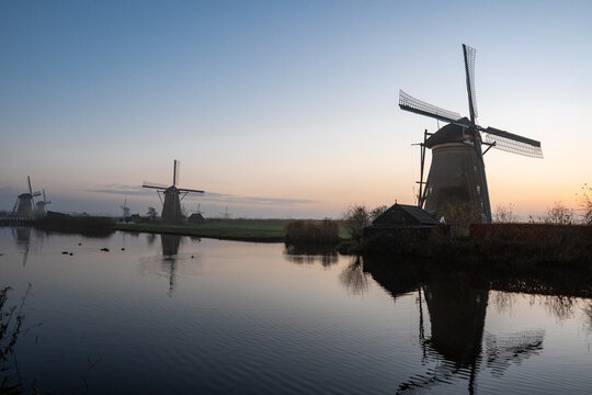 Windmills in the Netherlands during sunset