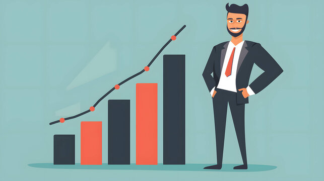 Create an image of a businessman with a confident expression, standing next to a bar chart showing increasing returns on investment