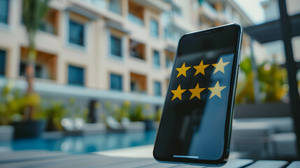 Reviews of hotels, residences, and tourist attractions concept, yellow star on smartphone positive review and rating
