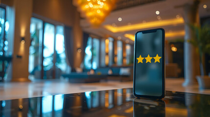 Reviews of hotels, residences, and tourist attractions concept, yellow star on smartphone positive review and rating