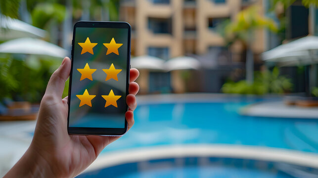 Reviews of hotels, residences, and tourist attractions concept, yellow star on smartphone positive review and rating