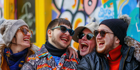 Social Engagement: Group of Friends, Including a Person with Down Syndrome, Enjoying a Day Out Together. Learning Disability.