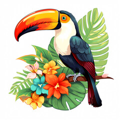 Fototapeta premium Colorful toucan perched among tropical flowers and leaves isolated on white background