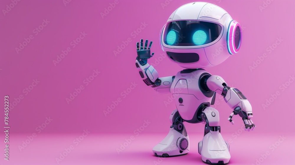 Poster a cute robot with a hand up isolated on a purple background. a technology concept in 3d.