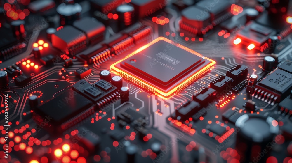 Poster Rendering of cyberpunk artificial intelligence on a circuit board. Conceptual rendering of CPU and GPU operations on a motherboard. Digital chip on the motherboard. Background in tech sciences...