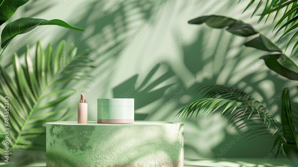 Poster display podium backdrop for cosmetic products with tropical palm leaves. 3d rendering.