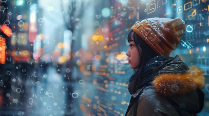 a woman is looking out of a window at a city at night