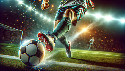 Soccer player in action kicks the ball, in the stadium. Generative Ai