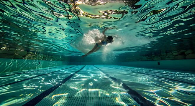 underwater photography of an olympic pool, submerged under the water of the pool
