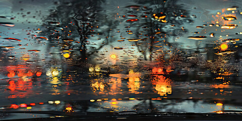 Abstract Reflections: Raindrops on a Car Window, Distorting the View into a Dreamy Scene