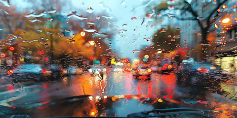 Abstract Reflections: Raindrops on a Car Window, Distorting the View into a Dreamy Scene