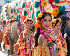 Fototapeta premium Thai festival celebration vibrant traditional silk dresses