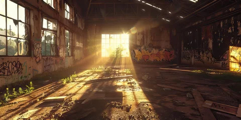 Foto op Plexiglas Urban Exploration: Abandoned Warehouse Interior with Graffiti Art and Sunlight Peeking Through Broken Windows © Lila Patel