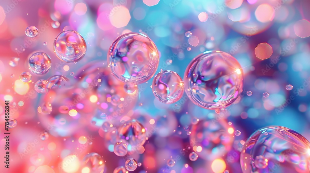 Poster 3D abstract background. Holographic floating liquid blobs, soap bubbles, metaballs.