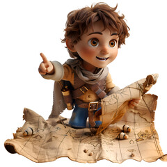 A 3D animated cartoon render of a child excitedly pointing at a spot on a treasure map.