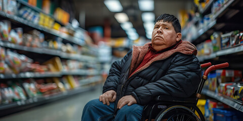 Fototapeta premium Adult at the grocery store. Disability. Wheelchair