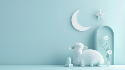 Eid al adha Mubarak background moslem eid al fitri, lantern, ramadan, eid al adha concept background, cute sheep and cow in light blue background	
