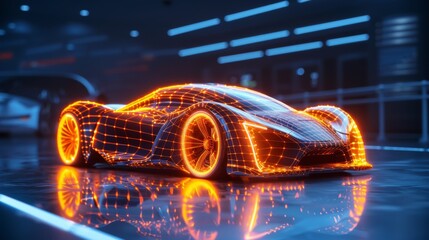 Technology concept of a futuristic sports car with wireframe intersection (3D illustration).