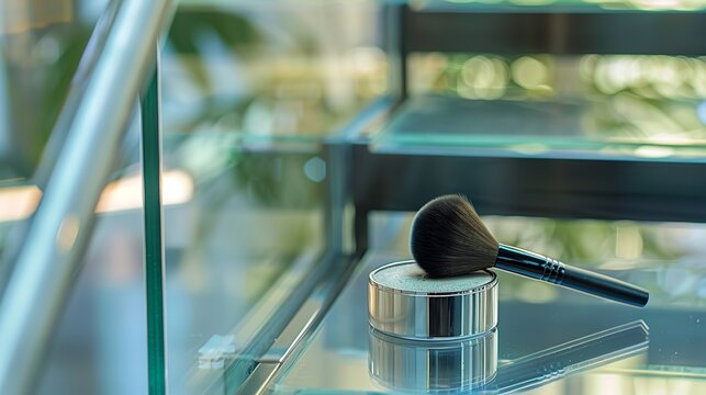  Close-up on a powder brush poised above a compact