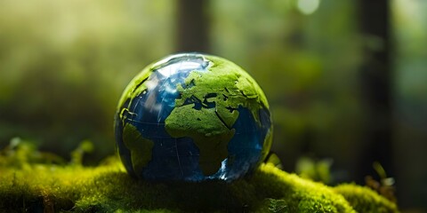 Obraz na płótnie Canvas a crystal earth globe on a moss in a lush green forest. The image is showing how fragile the Earth is and how important it is to protect the environment . Happy Earth Day, World Environment Day
