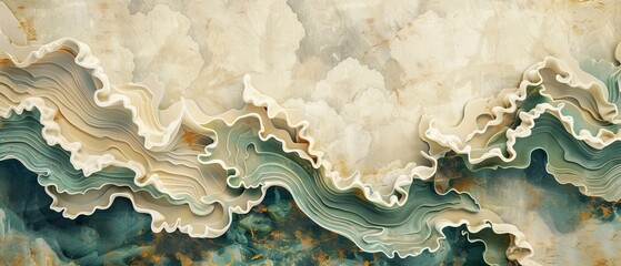 With watercolor painting texture on a Japanese background. Natural wave pattern with mountains and sea decoration banner in vintage style. Chrysanthemum floral pattern. - obrazy, fototapety, plakaty