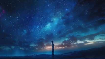 Ethereal Wonder in the Night Sky: A person standing under a mesmerizing night sky, gazing up in awe at the stars - obrazy, fototapety, plakaty