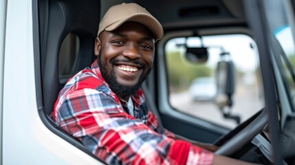 Happy black professional driver getting out of his truck and looking at camera - obrazy, fototapety, plakaty