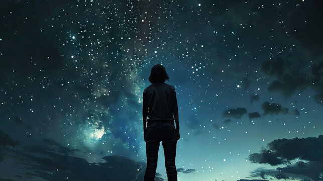 Ethereal Wonder in the Night Sky: A person standing under a mesmerizing night sky, gazing up in awe at the stars