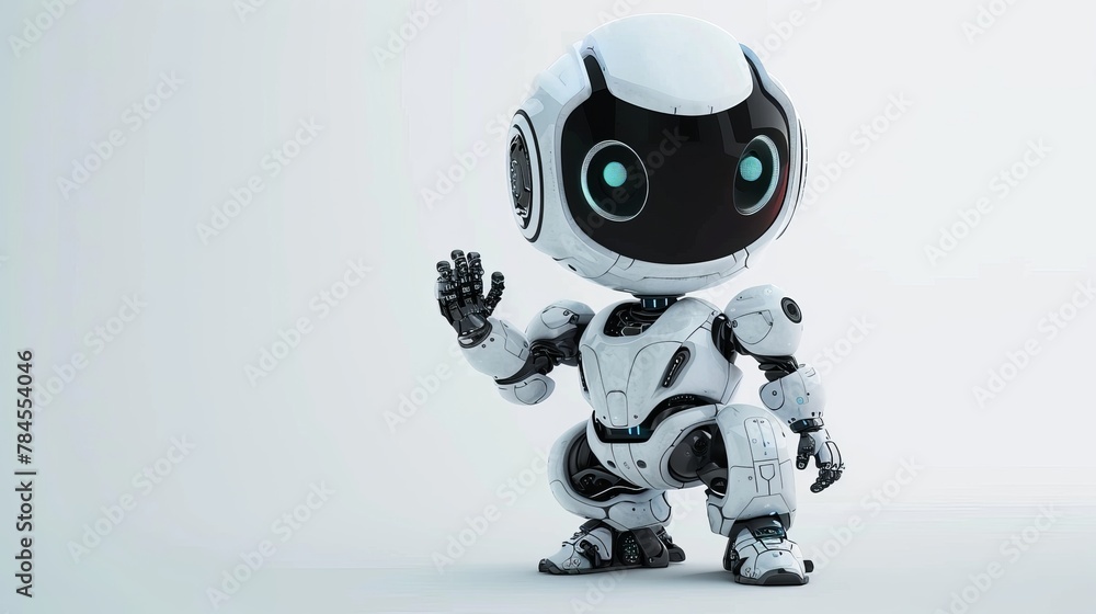 Poster a cute robot is shown holding his hand up or saying hello against a white background. it is part of 
