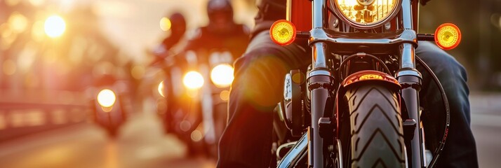 motorcyclist group on the road at sunset. banner with copy space