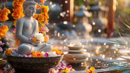 Traditional Buddha bathing ritual scene flower garlands