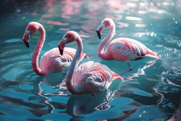 Three pink flamingos gracefully swim in a pool of water
