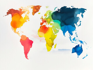 Watercolor illustration of a world map on a white background, copy space