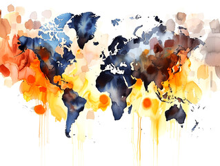 Watercolor illustration of a world map on a white background, copy space