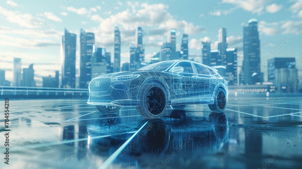 Fototapete Wireframe car concept on the road with a futuristic city in the background. SUV car with a front side view in 3D. Professional rendering of own designed generic non existing car model in 3D.